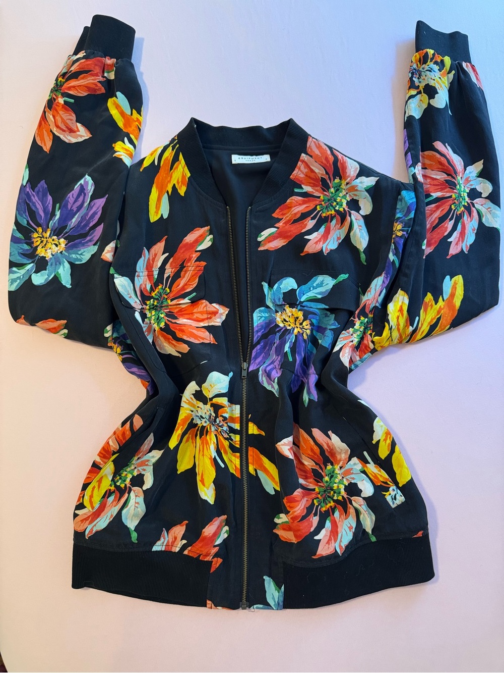 Floral Silk Zip-Front Bomber Jacket - Black Multicolor